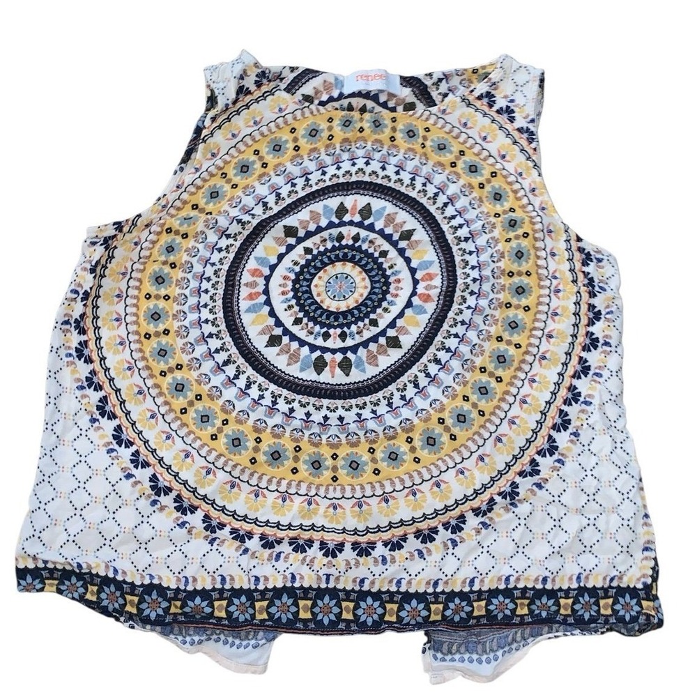Renee C. Sleeveless Top Women Large White Mandala Split Back Boho Festival